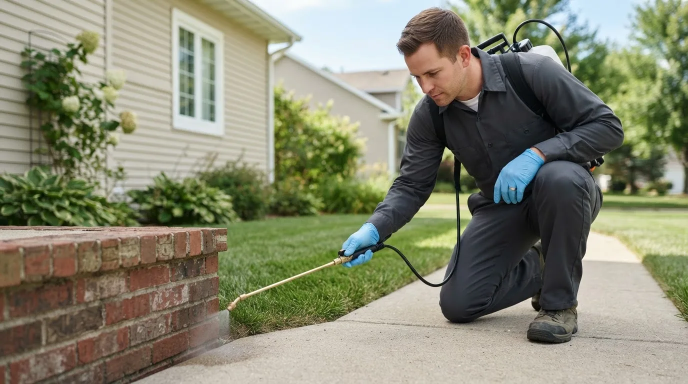 Pest control technician treating a home near Mansfield, SD